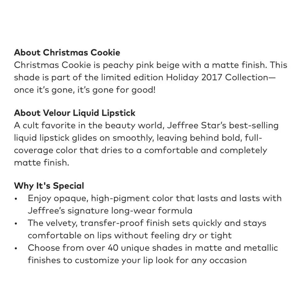 NIB Jeffree Star Ltd Edition Christmas Cookie Velour Liquid Lipstick 5.6ml